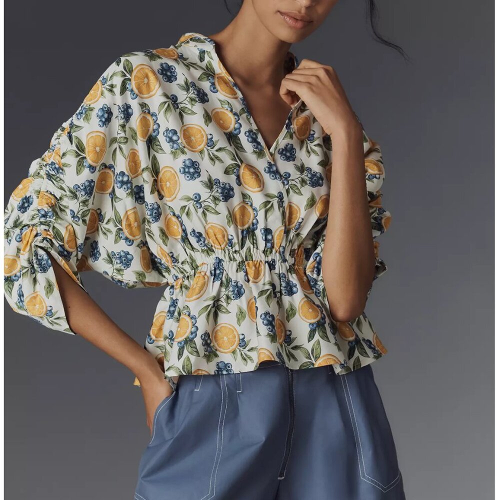Anthropologie Maeve Short-Sleeve Ruched Peplum Blouse Blueberry Lemon S